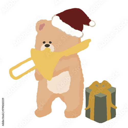 Winter Concert Bear Playing Trombone with Santa Hat