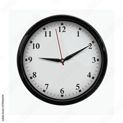 Classic black and white wall clock showing the time at nine ten with a red second hand ticking in a modern minimalist style perfect for time management and office decor projects