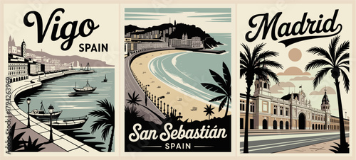 Vintage style vector travel poster set of Vigo, San Sebastián, and Madrid, featuring bold black silhouettes, muted blue tones, retro typography, and stylized coastal and architectural landmarks