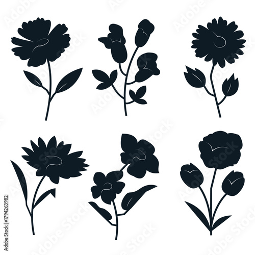 Elegant floral silhouettes in navy against a stark black backdrop creating a sophisticated botanical pattern with a modern minimalist aesthetic perfect for design