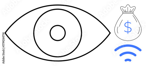 Eye icon analyzing a money bag with a dollar sign and wireless signals below. Ideal for surveillance, technology, connectivity, finance management, innovation, security, remote solutions, simple flat