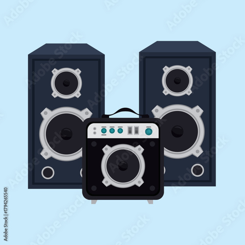 Illustration of two large speakers flanking a smaller amplifier on a light blue background creating a music studio or sound system vibe perfect for audio enthusiasts and designers