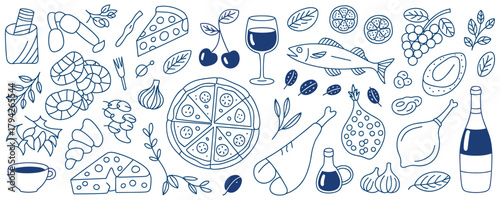 Blue line art doodle collection of food and drink items on a white background illustration