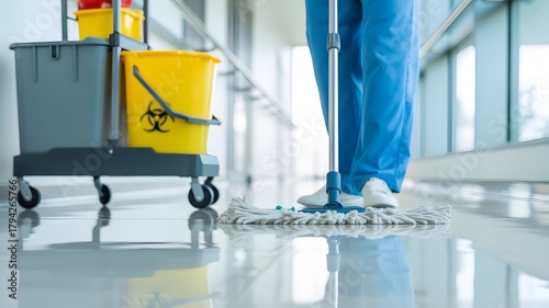 Professional cleaner diligently sanitizing hospital hallway with biohazard bucket and mop, ensuring pristine sterile environment for patient safety and public health.