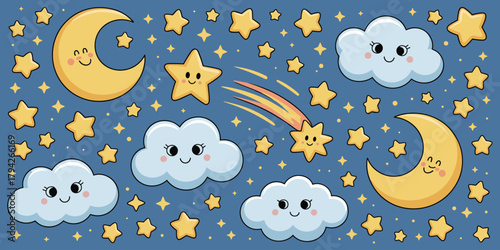 Cute Cartoon Moon Stars and Clouds on a Blue Night Sky Background Keywords: night, sky, moon, stars, clouds, cute, cartoon, celestial, twinkle