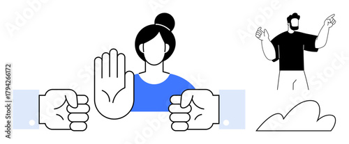 Woman raising open hand to stop or mediate between clenched fists man in background gesturing. Ideal for conflict resolution, decision-making, negotiation, teamwork, boundaries, consent, authority