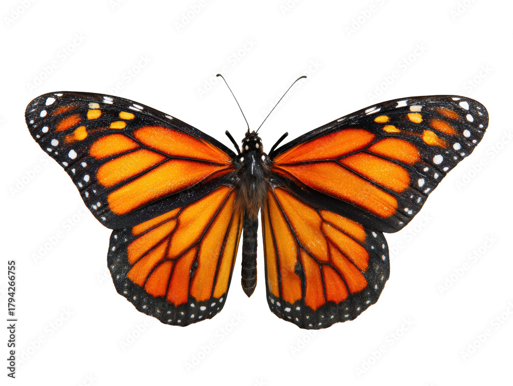 Fototapeta premium Vibrant butterfly with orange and black wings, showcasing intricate patterns and delicate features, symbolizes beauty