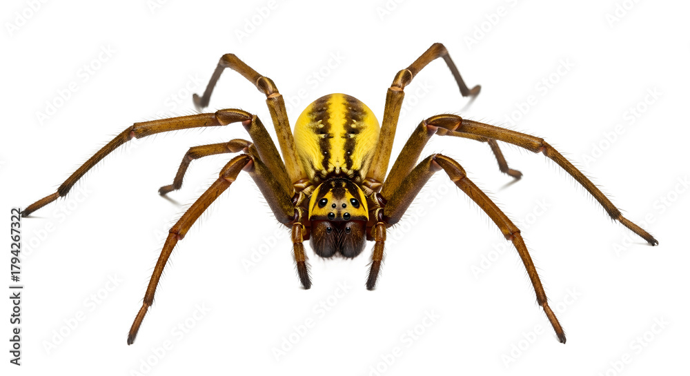Obraz premium Yellow sac spider close-up featuring detailed markings isolated on a white background for scientific study or educational purposes