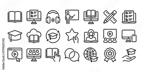 book, computer, headphones, teacher, presentation, laptop, pencil, ruler, graduation cap, cloud, refresh, star, woman, video, people, monitor, play button, chat bubbles, globe, award, learning, educat