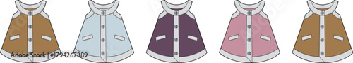 Set of Colorful Cartoon Capes with Fur Trim, Button Closures, and Pocket Details - Fashion Design