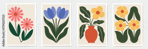 Mid Century Modern Floral Art Prints Set Of Four Abstract Botanical Illustrations vector illustration