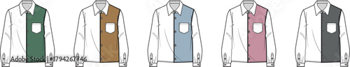 Colorful button-down shirts with contrasting panels and chest pockets, showcasing style and fashion