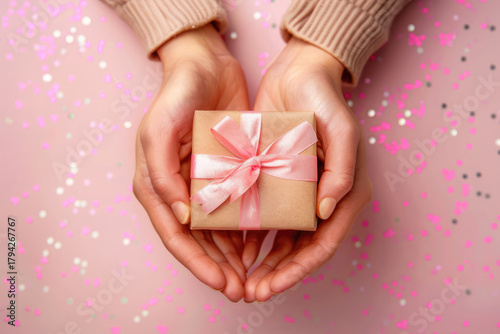 Women's hands holding small present box, wrapped in craft brown paper, with pink ribbon bow on it, top view. Pink blurred background with confetti. Mother's day, Valentine's day, Birthday.