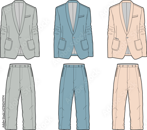 Vector illustration of tailored suits in various colors suitable for fashion design and apparel production