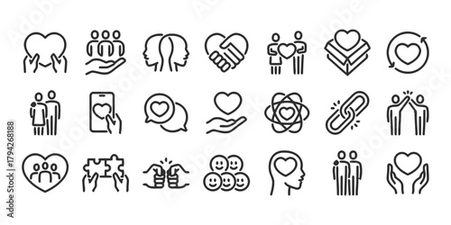 icons, line art, connection, care, love, friendship, family, community, support, partnership, handshake, heart, people, couple, group, mobile phone, message, atom, chain link, teamwork, unity, empathy