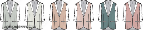 Collection of stylish long vests in various pastel colors for fashion design concepts and creative projects