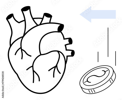 Anatomical heart with falling coin and arrow symbolizing medical costs, investing in health, or financial impacts on wellbeing. Ideal for healthcare, economy, finance, decision-making, charity