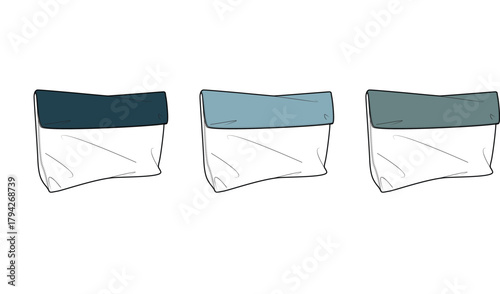 Set of three minimalist clutch bags in different color variations blue, cyan, and teal