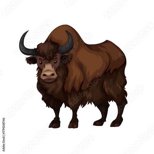 Majestic yak standing tall with its thick brown fur and impressive horns against a stark black backdrop showcasing the animal's strength and resilience in a simple illustration