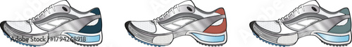 Illustrative Sneakers A Set of Three Stylish Running Shoes with Varied Color Accents for Active Lifestyles