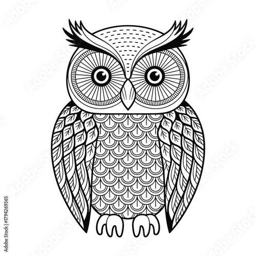 Stylized Black and White Outline Drawing of an Owl with Intricate Patterns Keywords: owl, bird, animal, wildlife, illustration, drawing, outline