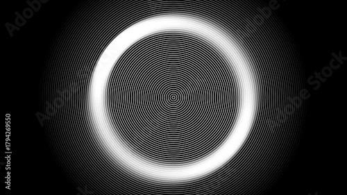Black and white glowing concentric circle vortex with animation ring and hypnotic digital pulse effect in abstract design