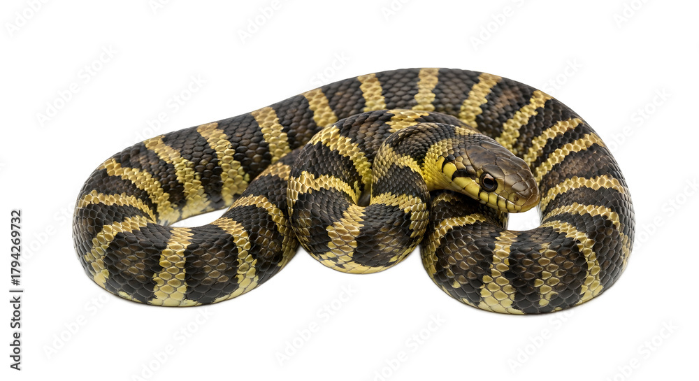Fototapeta premium Checkered keelback snake a non-venomous snake with yellow and black stripes isolated on white background