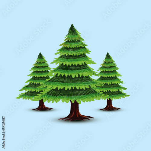 Three evergreen trees stand tall against a soft blue background creating a serene and festive winter holiday scene perfect for christmas cards and seasonal designs and decorations
