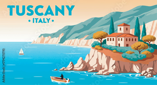 Retro travel poster illustration of Italian seaside villa on coastal cliffs, Mediterranean landscape