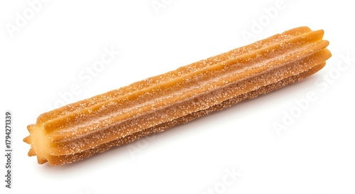 Single churro sprinkled with sugar isolated on white background