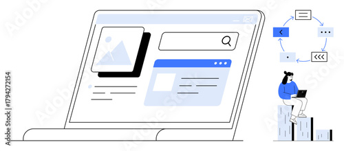 Laptop screen showing website interface elements, search bar, and user flow. Individual working with a laptop beside process icons. Ideal for web development, UIUX design, workflow, digital strategy