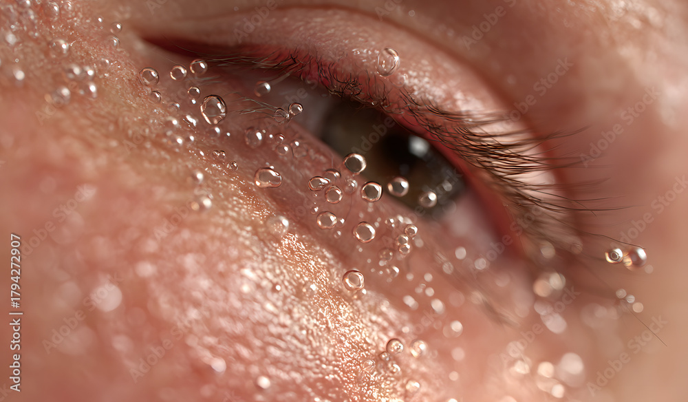 Fototapeta premium Realistic 3D skin anatomy with transparent serum bubbles beneath the surface. Ideal for cosmetic, hydration, or skin rejuvenation projects.