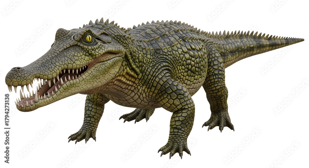 Naklejka premium Kaprosuchus saharicus isolated on white background an extinct genus of mahajangasuchid crocodyliform illustration of prehistoric reptile