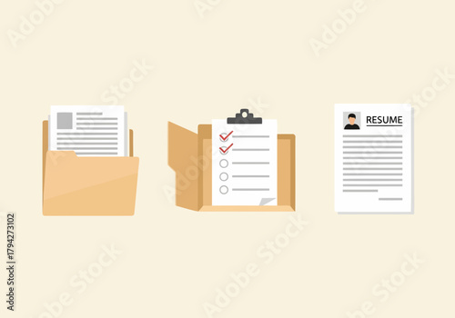 Three office document icons a folder with paper, a clipboard with a checklist, and a resume, representing paperwork