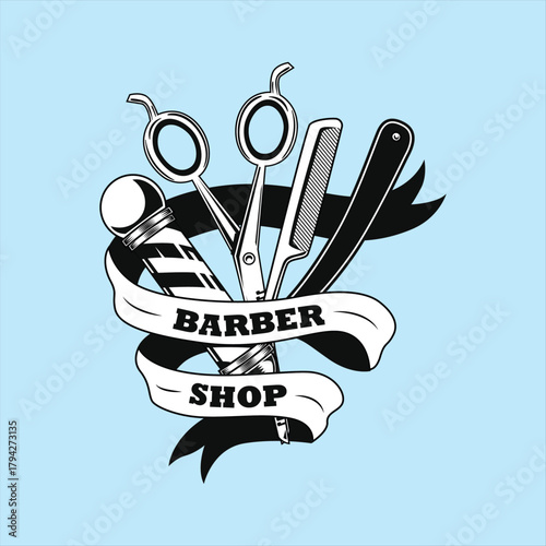 Classic barber shop logo featuring traditional barber pole scissors comb and straight razor wrapped in a banner against a light blue background perfect for branding and design use
