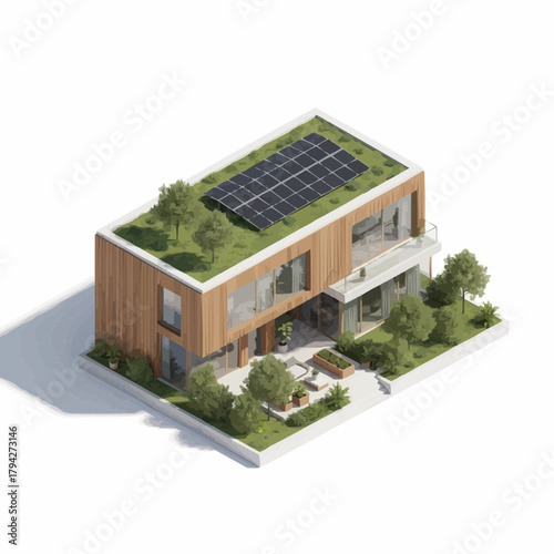 Isometric 3D Eco Luxury Villa with Green Roof