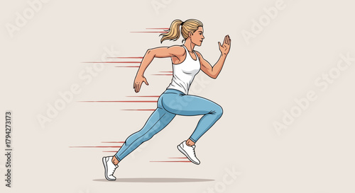 Woman running fast with motion blur lines, representing speed, fitness, and athleticism