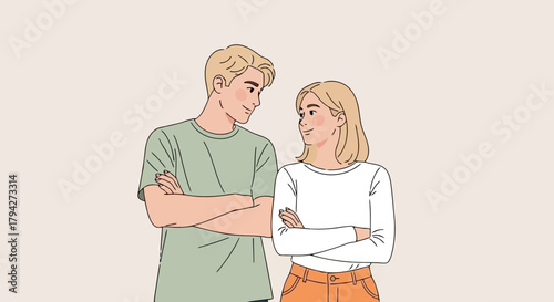 Young couple looking at each other with arms crossed