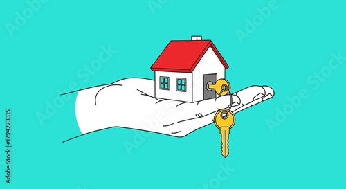 Hand holding a small house and keys, symbolizing home ownership, real estate, and new beginnings