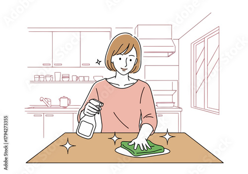 A woman cleaning a table with a spray bottle and cloth, sparkling clean surface in a kitchen setting