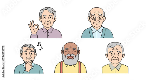 Five elderly men with different expressions and gestures