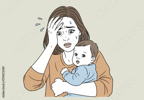 A stressed mother holding a baby, looking overwhelmed with hand on forehead and sweat drops