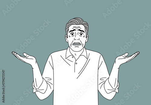 Man with confused expression, shrugging shoulders and open palms, conveying uncertainty and doubt