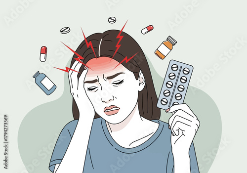 Woman holding a blister pack of pills, clutching her head in pain, suffering from a severe headache
