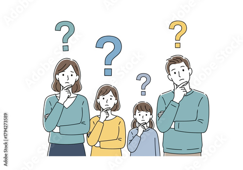 A family of four with question marks above their heads, looking confused and thoughtful