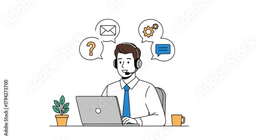 Customer service representative with headset and laptop, surrounded by icons representing communication and support