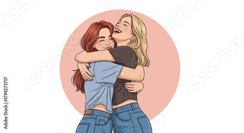 Two happy young women hugging each other tightly, expressing joy and friendship, with a soft pink circle in the background