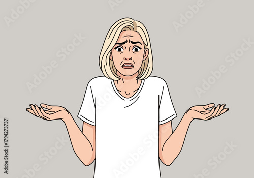 Confused woman shrugging shoulders with uncertain expression