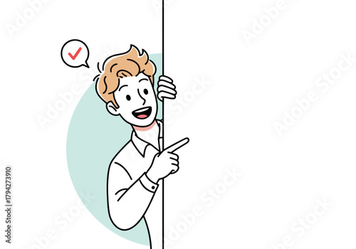 Young man peeking from behind a blank board, pointing to the right with a speech bubble showing a checkmark