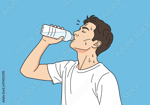 Young man in a white tshirt drinking water from a plastic bottle, sweating, indicating thirst or rehydration after exertion